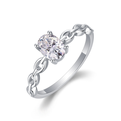 925 Sterling Silver Oval Moissanite Chain Link Ring | Authentic Moissanite Solitaire, Stackable Statement Band + Certificate
