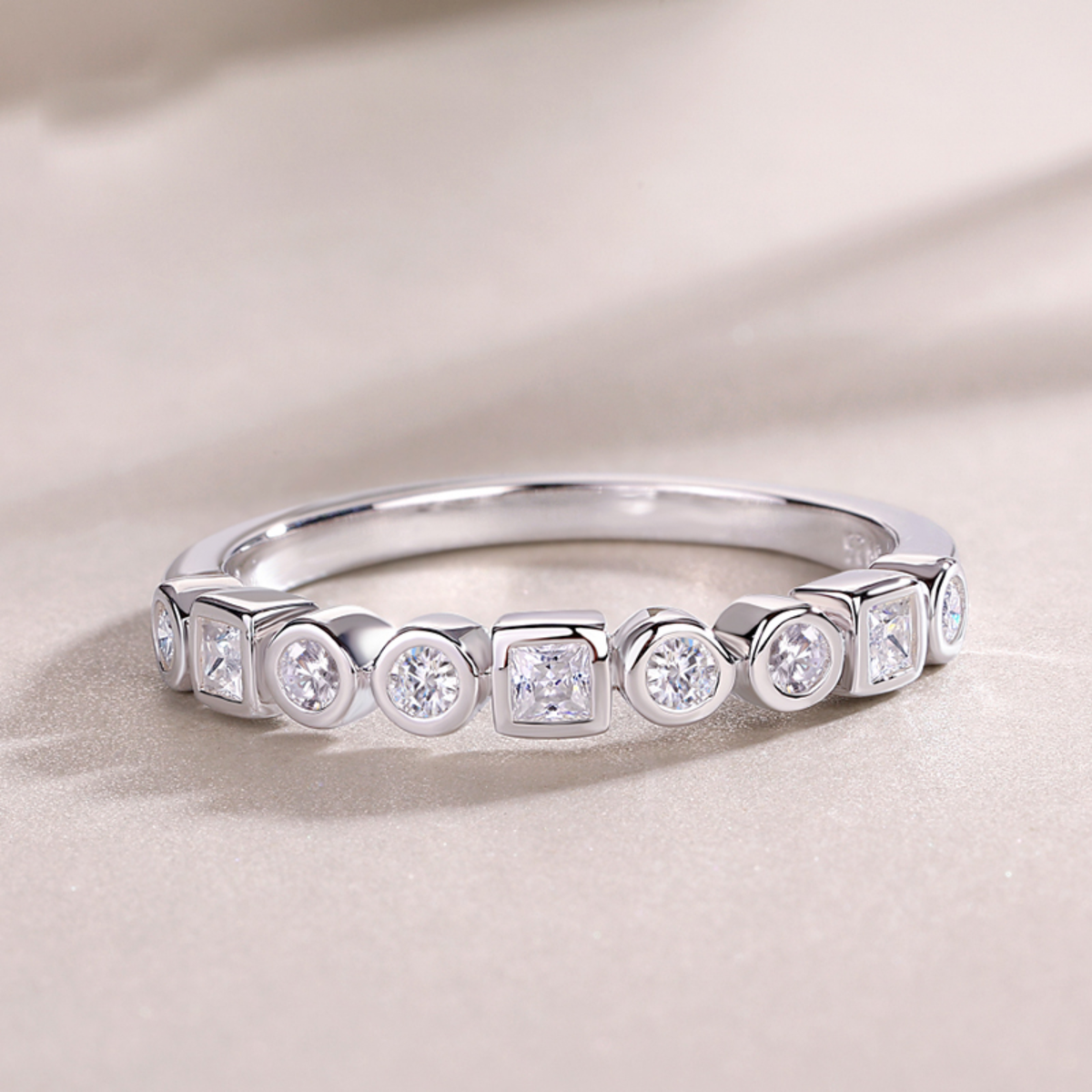 925 Sterling Silver Geometric Moissanite Band Ring (Round + Square Bezel Set) | Authentic Moissanite, Stackable Minimal Ring