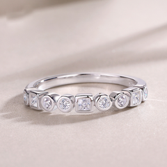 925 Sterling Silver Geometric Moissanite Band Ring (Round + Square Bezel Set) | Authentic Moissanite, Stackable Minimal Ring