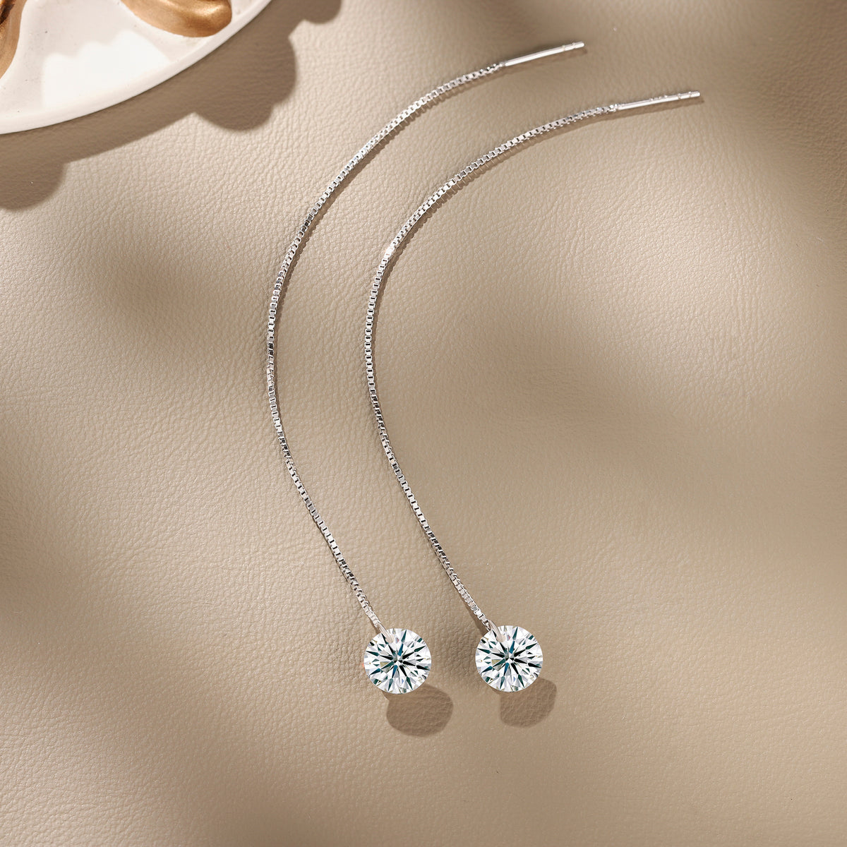 S925 Sterling Silver Moissanite Threader Earrings — Round Solitaire Drop Chain Pair