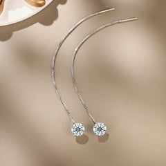 S925 Sterling Silver Moissanite Threader Earrings — Round Solitaire Drop Chain Pair