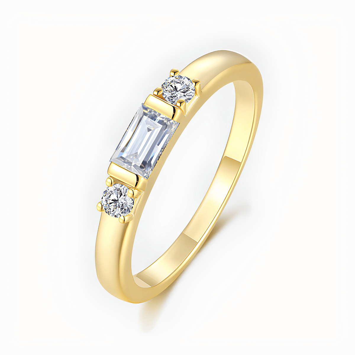 18K Gold Plated Moissanite Ring 925 Silver | Baguette Three Stone Stackable Band