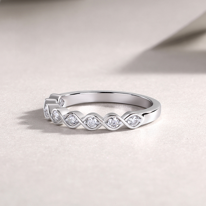925 Sterling Silver Wave Moissanite Band Ring (2.0mm Round Bezel Set) | Authentic Moissanite Stacking Ring