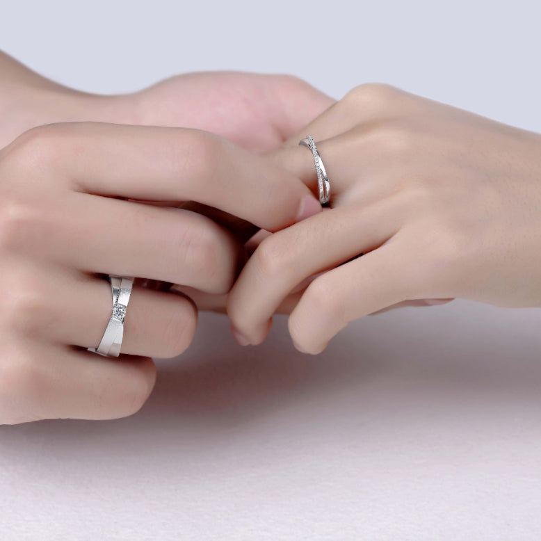 Certified Moissanite Couple Ring Set (His & Hers) | Brushed Band + Pavé Crossover Ring