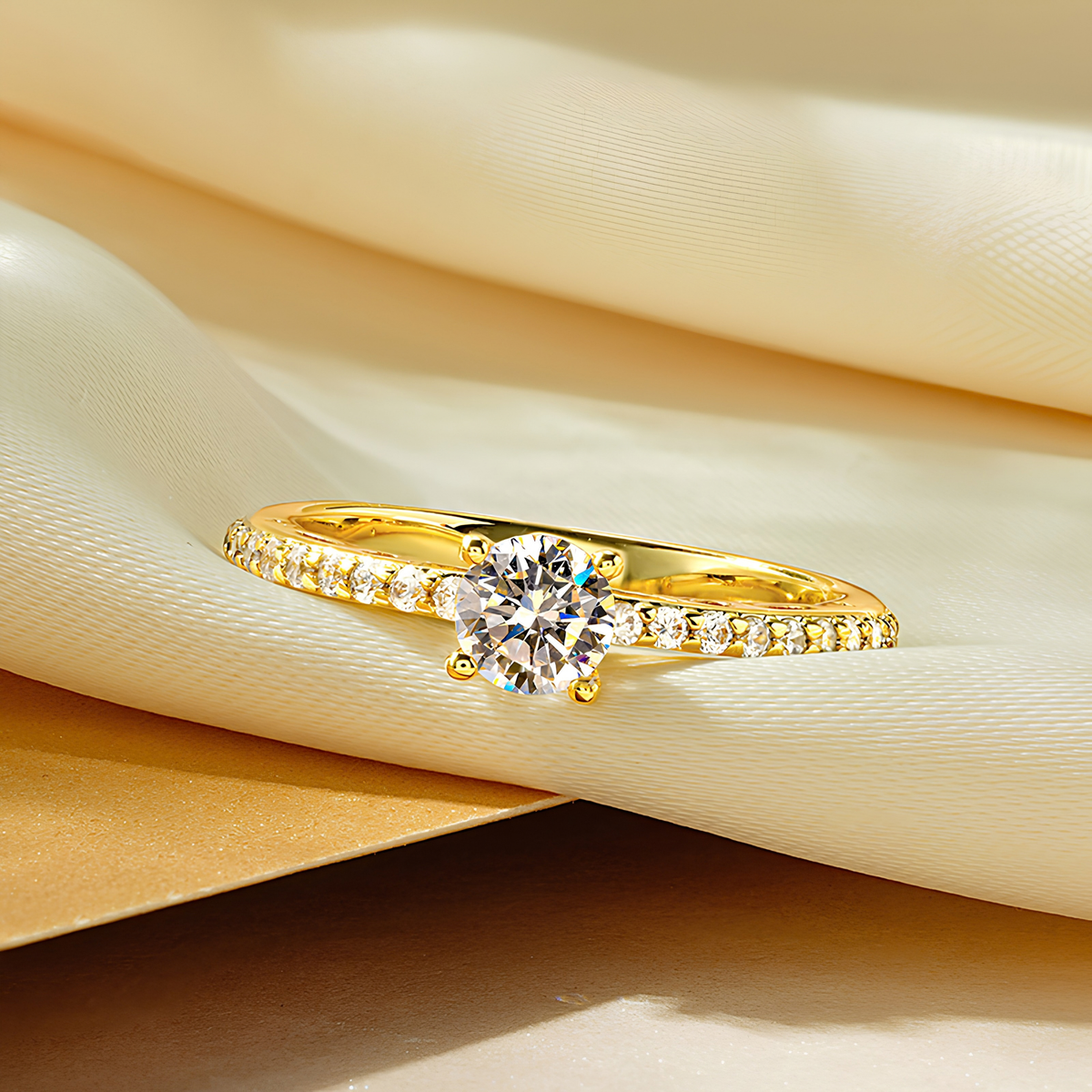 Moissanite Solitaire Ring with Side Stones, 14K Gold Filled