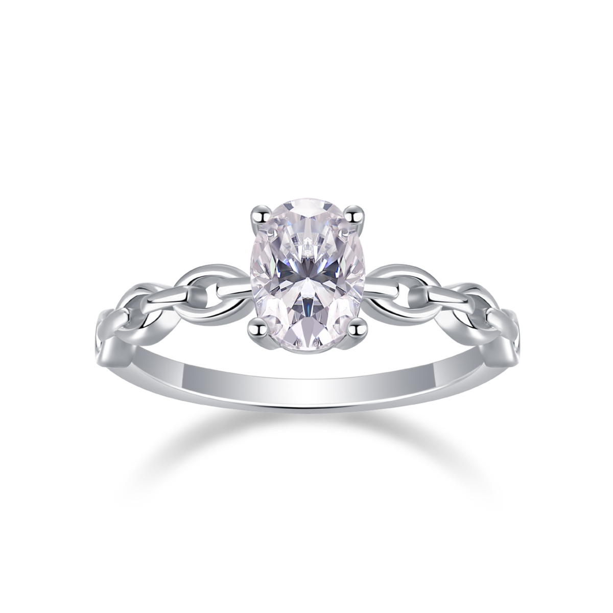 925 Sterling Silver Oval Moissanite Chain Link Ring | Authentic Moissanite Solitaire, Stackable Statement Band + Certificate
