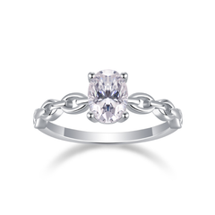 925 Sterling Silver Oval Moissanite Chain Link Ring | Authentic Moissanite Solitaire, Stackable Statement Band + Certificate