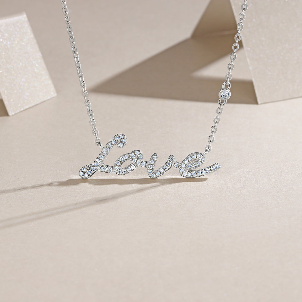 Moissanite Love Necklace 925 Sterling Silver – Pavé Script Pendant