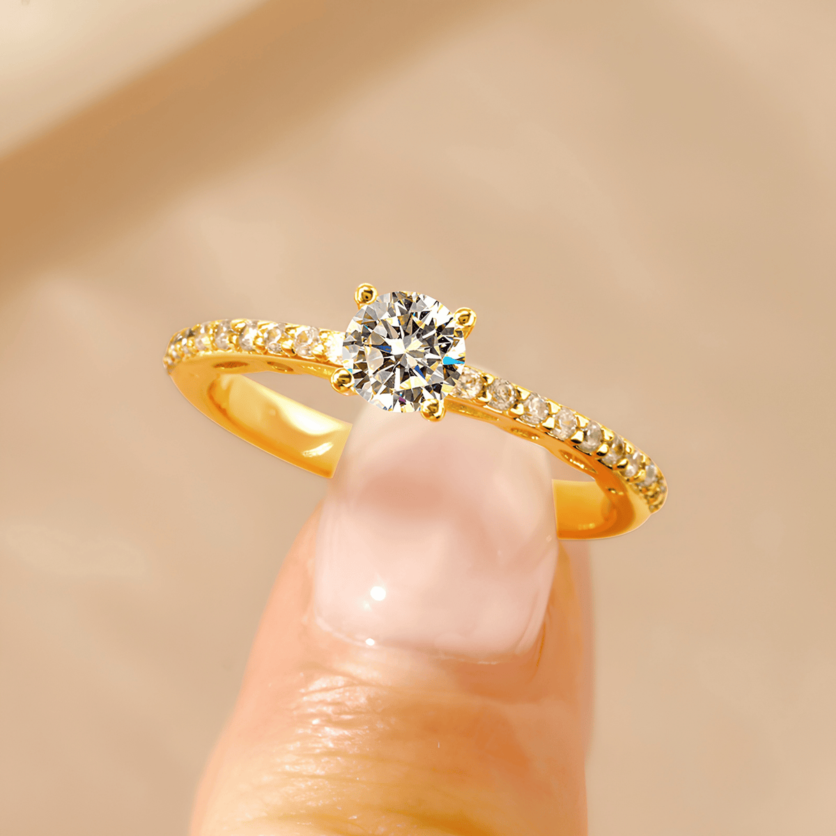 Moissanite Solitaire Ring with Side Stones, 14K Gold Filled