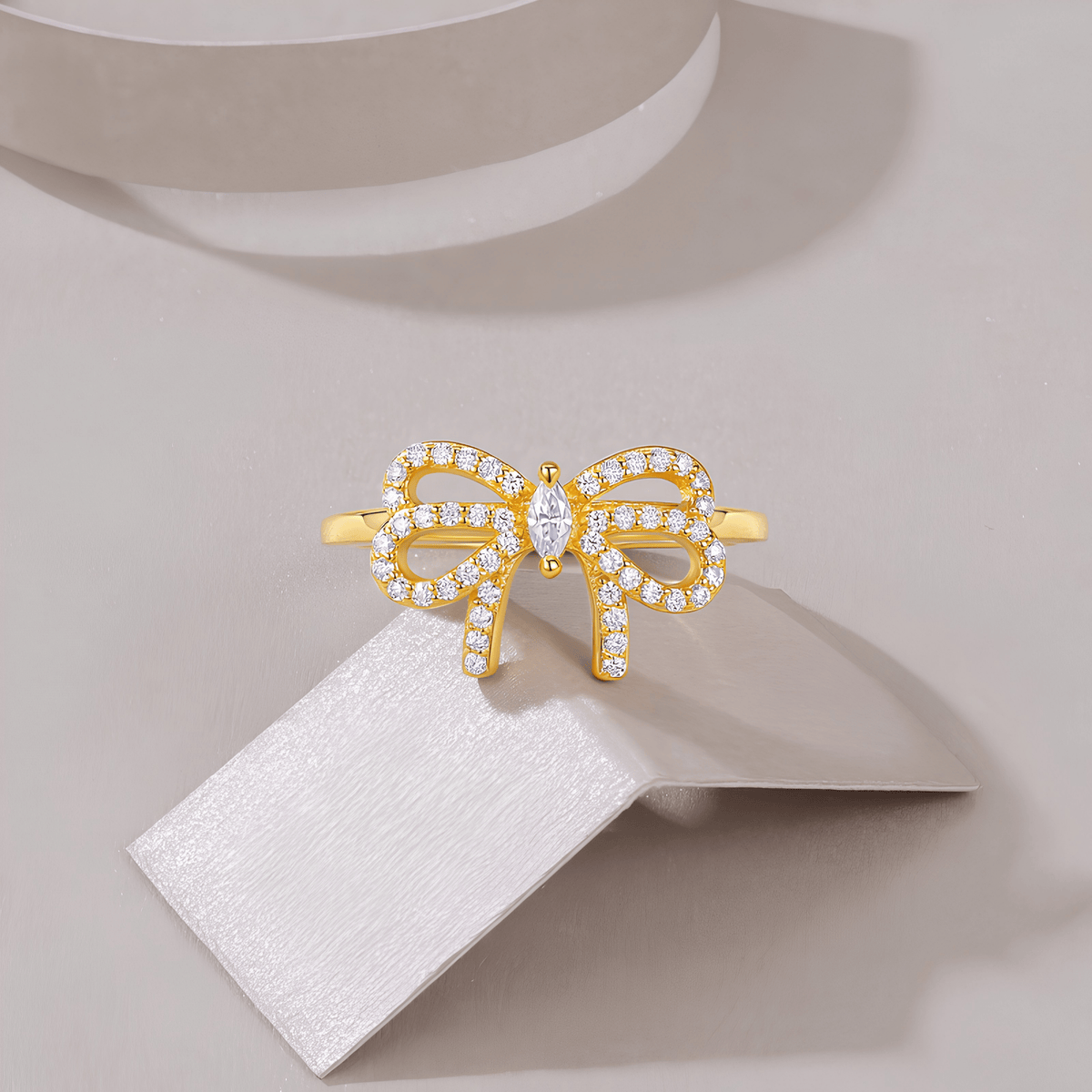 Bow Ring — Moissanite Ribbon Ring, 18K Gold Plated Sterling Silver
