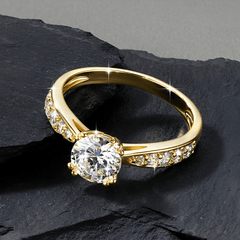 Moissanite Solitaire Ring with Side Stones, Gold Filled