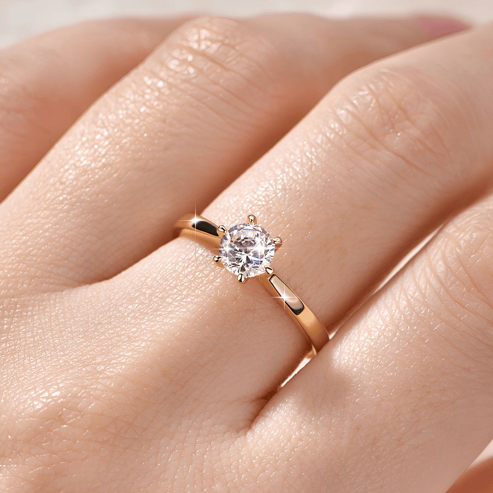 1 Carat Round Moissanite Solitaire Ring, Six Prong, Gold Plated