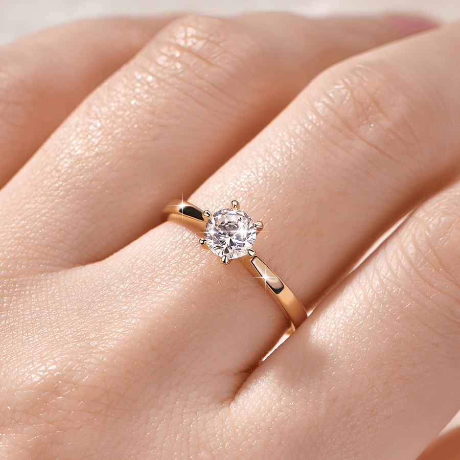 1 Carat Round Moissanite Solitaire Ring, Six Prong, Gold Plated