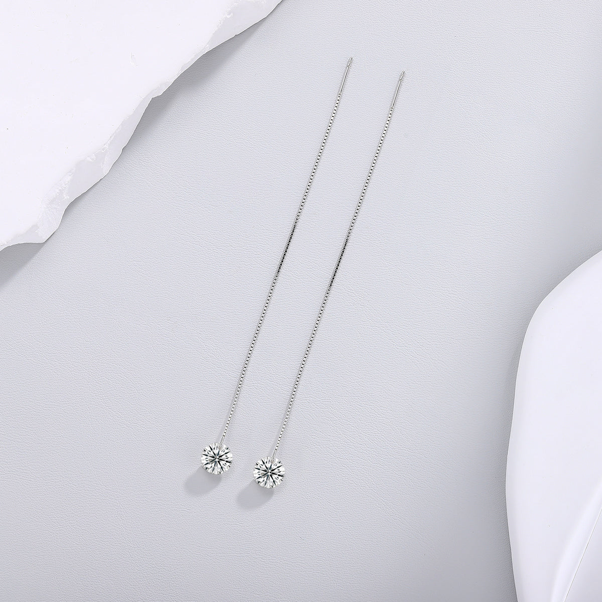 S925 Sterling Silver Moissanite Threader Earrings — Round Solitaire Drop Chain Pair