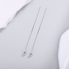 S925 Sterling Silver Moissanite Threader Earrings — Round Solitaire Drop Chain Pair