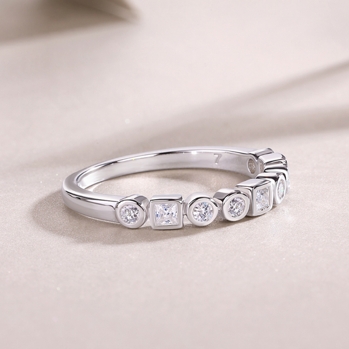 925 Sterling Silver Geometric Moissanite Band Ring (Round + Square Bezel Set) | Authentic Moissanite, Stackable Minimal Ring