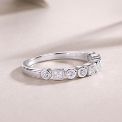 925 Sterling Silver Geometric Moissanite Band Ring (Round + Square Bezel Set) | Authentic Moissanite, Stackable Minimal Ring