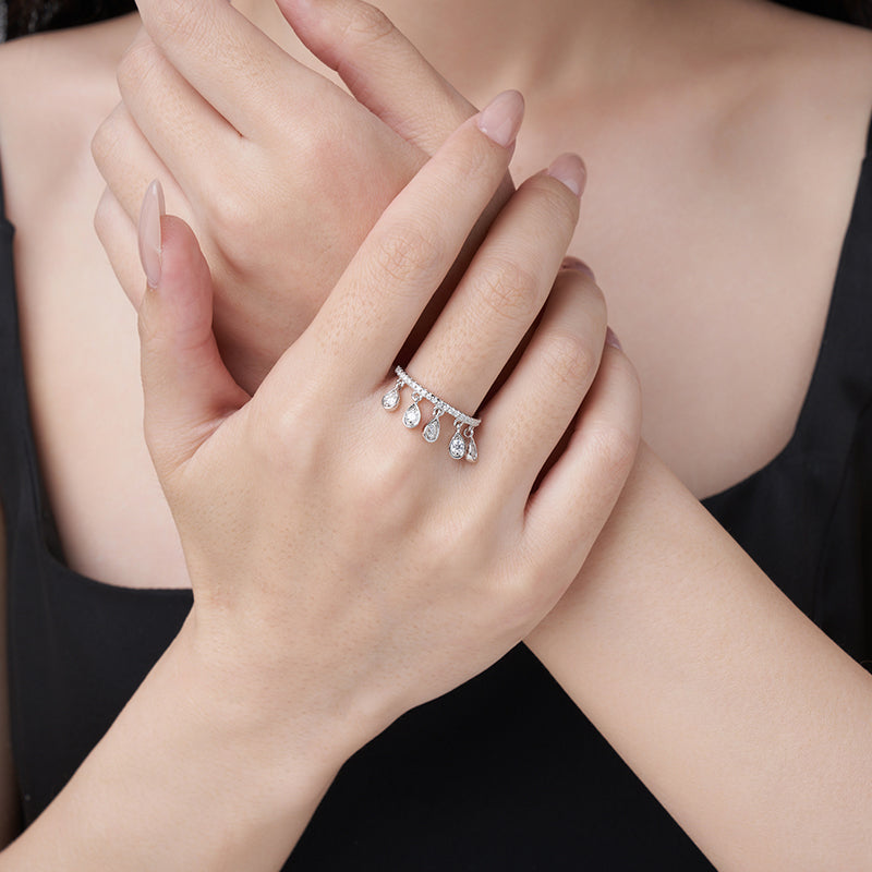 Floating Moissanite Teardrop Charm Ring in 925 Sterling Silver