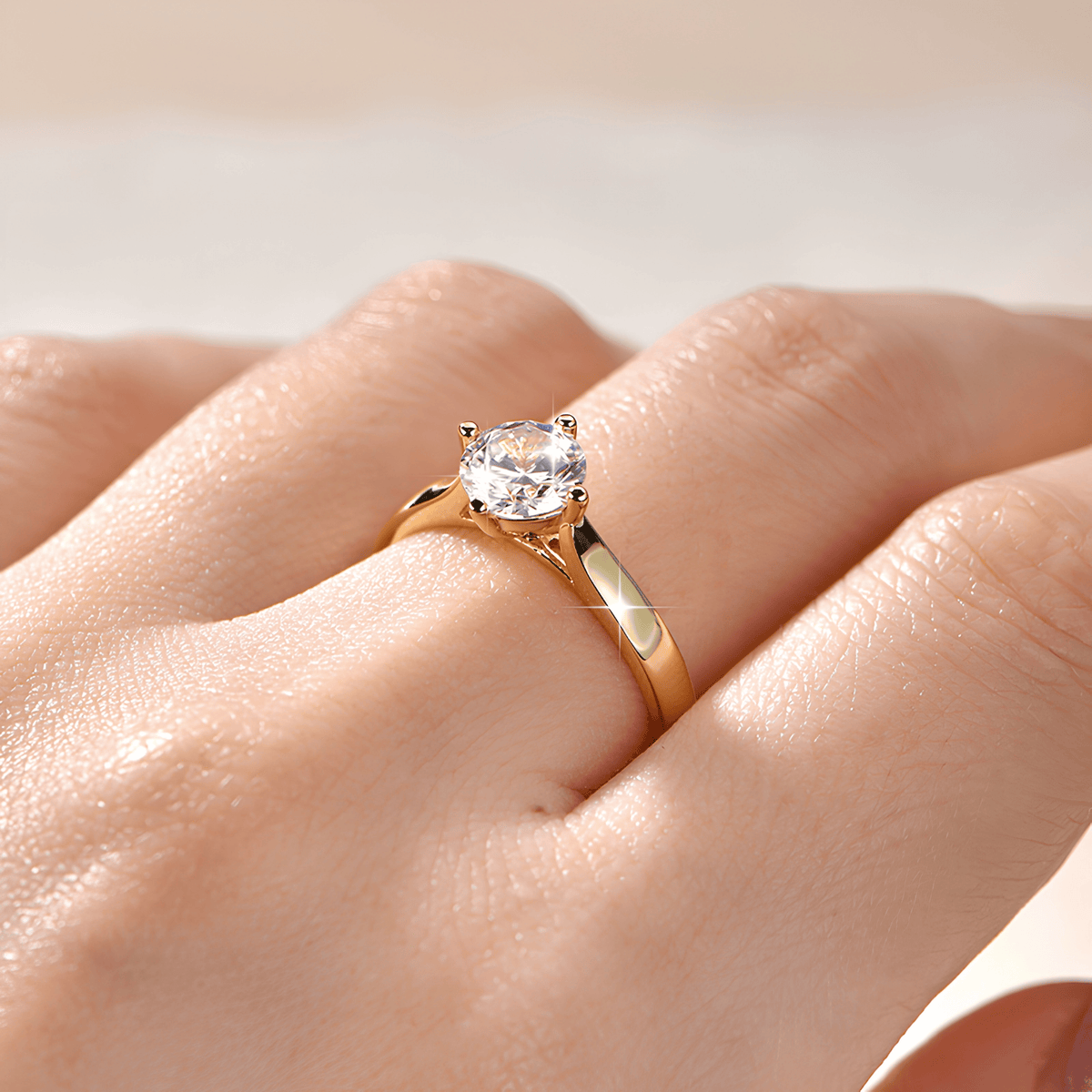 1 Carat Round Moissanite Solitaire Ring, 14K Gold Plated