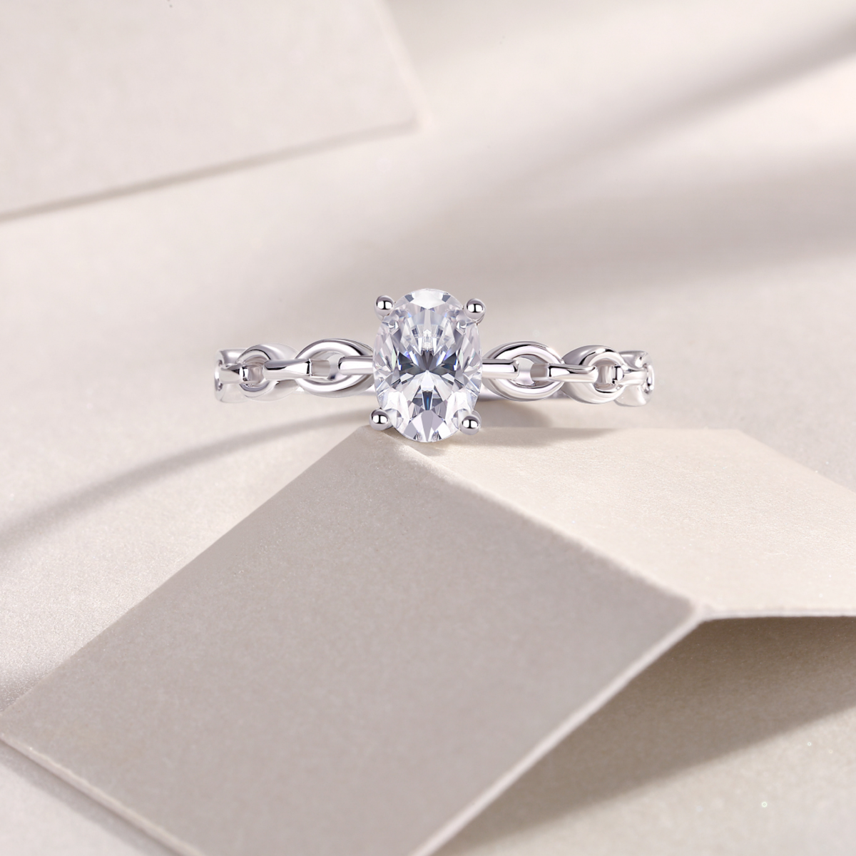 925 Sterling Silver Oval Moissanite Chain Link Ring | Authentic Moissanite Solitaire, Stackable Statement Band + Certificate