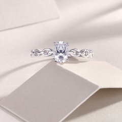 925 Sterling Silver Oval Moissanite Chain Link Ring | Authentic Moissanite Solitaire, Stackable Statement Band + Certificate
