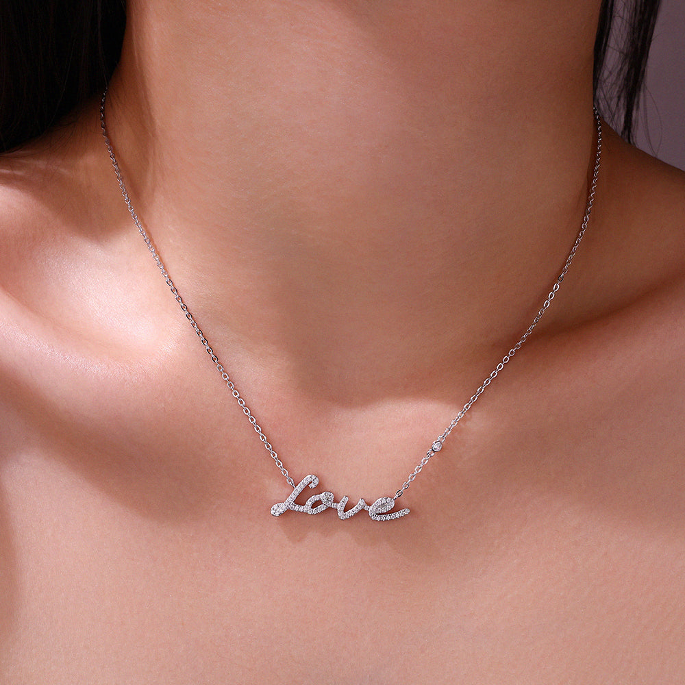 Moissanite Love Necklace 925 Sterling Silver – Pavé Script Pendant
