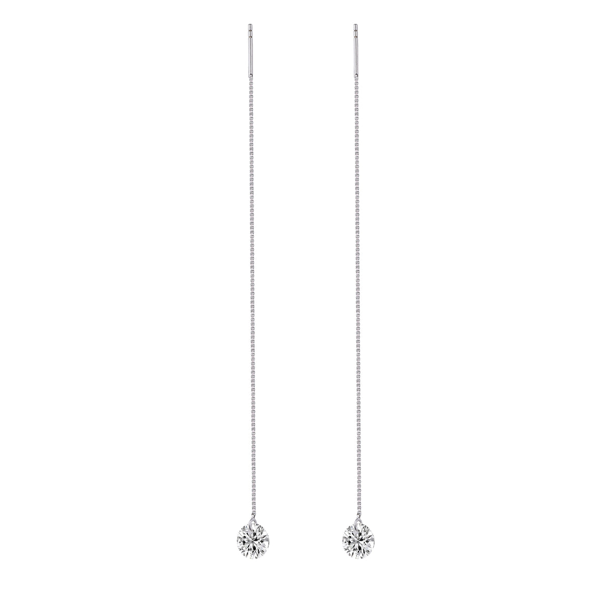 S925 Sterling Silver Moissanite Threader Earrings — Round Solitaire Drop Chain Pair
