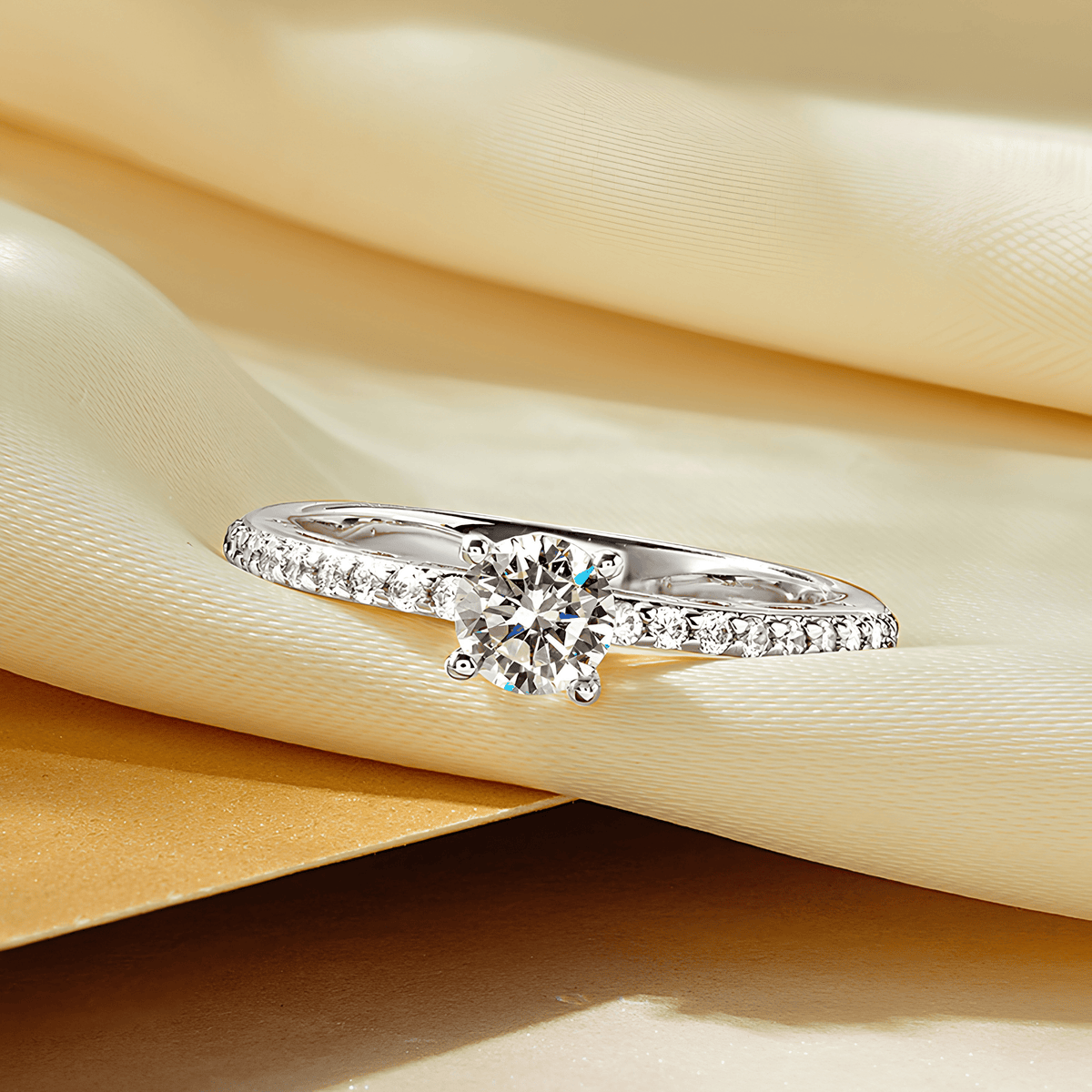 Moissanite Solitaire Ring with Side Stones, 14K Gold Filled