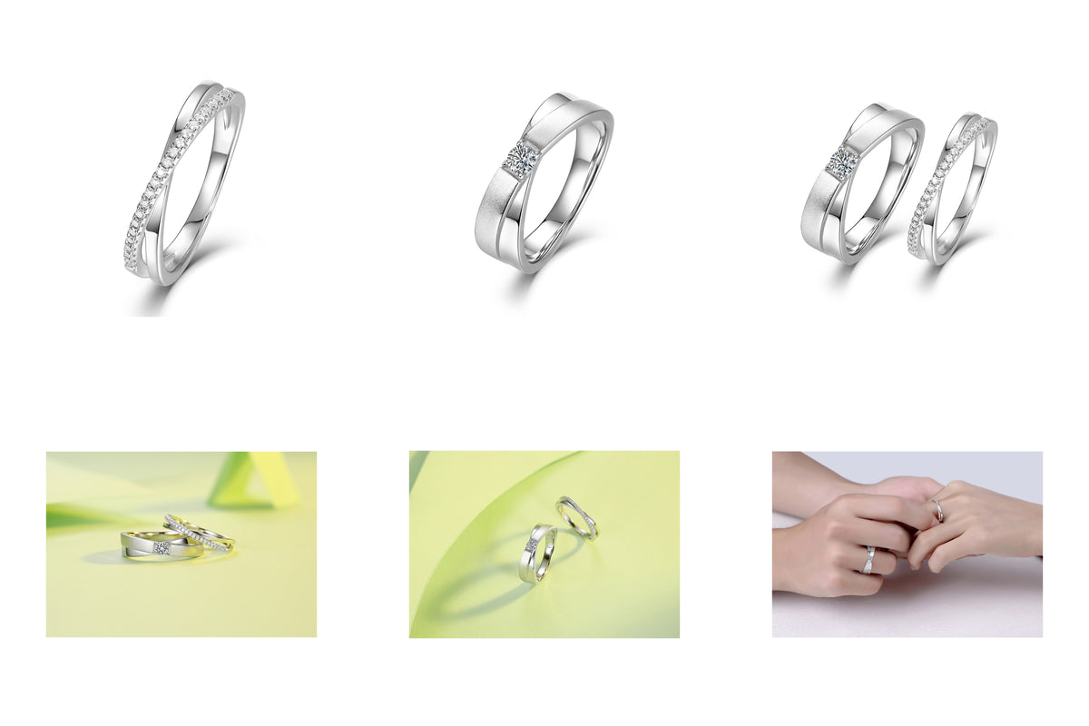 Certified Moissanite Couple Ring Set (His & Hers) | Brushed Band + Pavé Crossover Ring