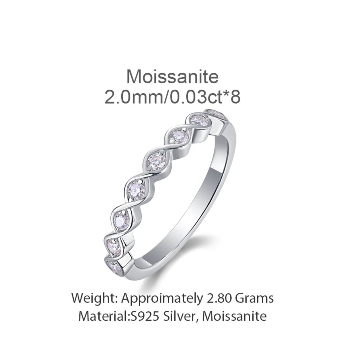 925 Sterling Silver Wave Moissanite Band Ring (2.0mm Round Bezel Set) | Authentic Moissanite Stacking Ring