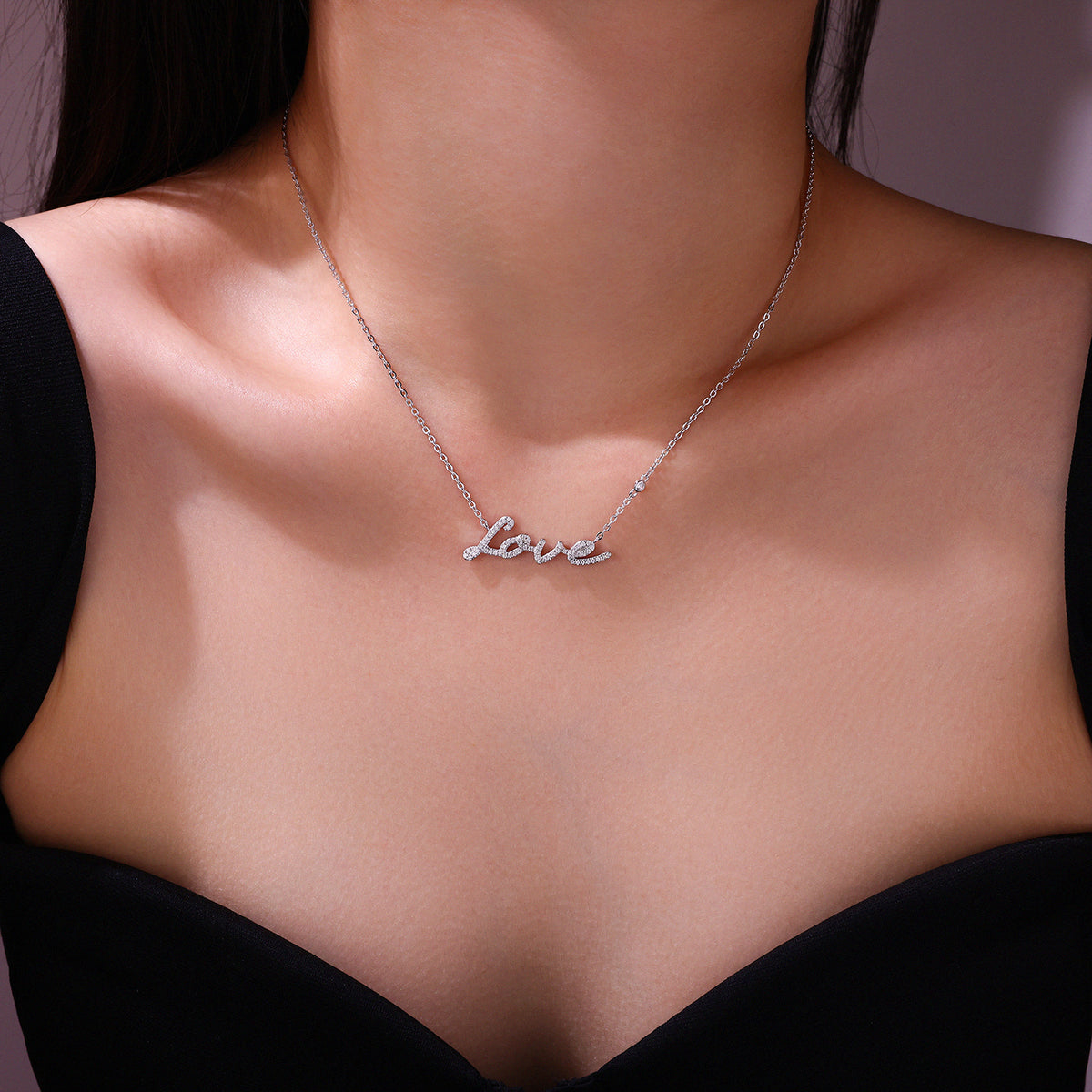 Moissanite Love Necklace 925 Sterling Silver – Pavé Script Pendant