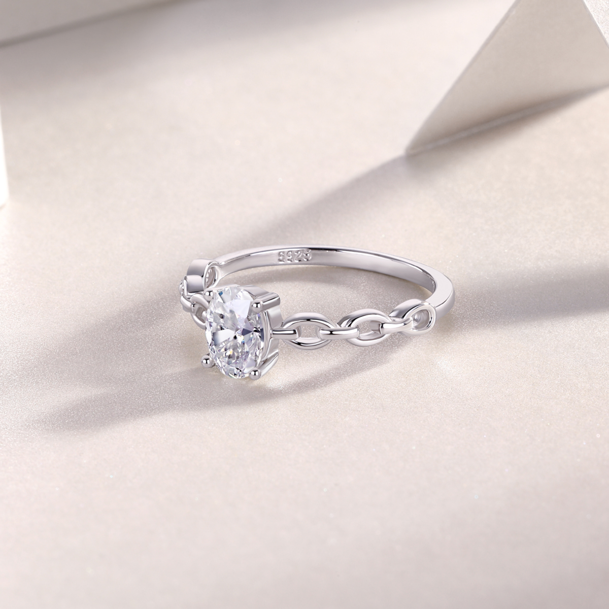 925 Sterling Silver Oval Moissanite Chain Link Ring | Authentic Moissanite Solitaire, Stackable Statement Band + Certificate