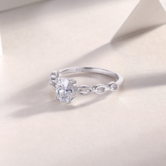 925 Sterling Silver Oval Moissanite Chain Link Ring | Authentic Moissanite Solitaire, Stackable Statement Band + Certificate