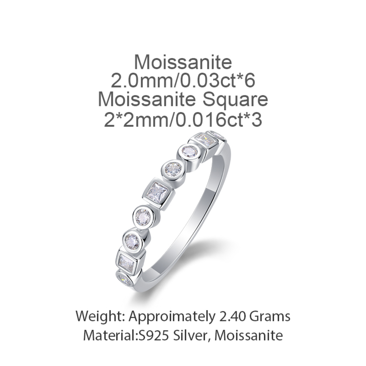 925 Sterling Silver Geometric Moissanite Band Ring (Round + Square Bezel Set) | Authentic Moissanite, Stackable Minimal Ring