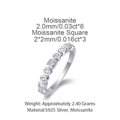 925 Sterling Silver Geometric Moissanite Band Ring (Round + Square Bezel Set) | Authentic Moissanite, Stackable Minimal Ring