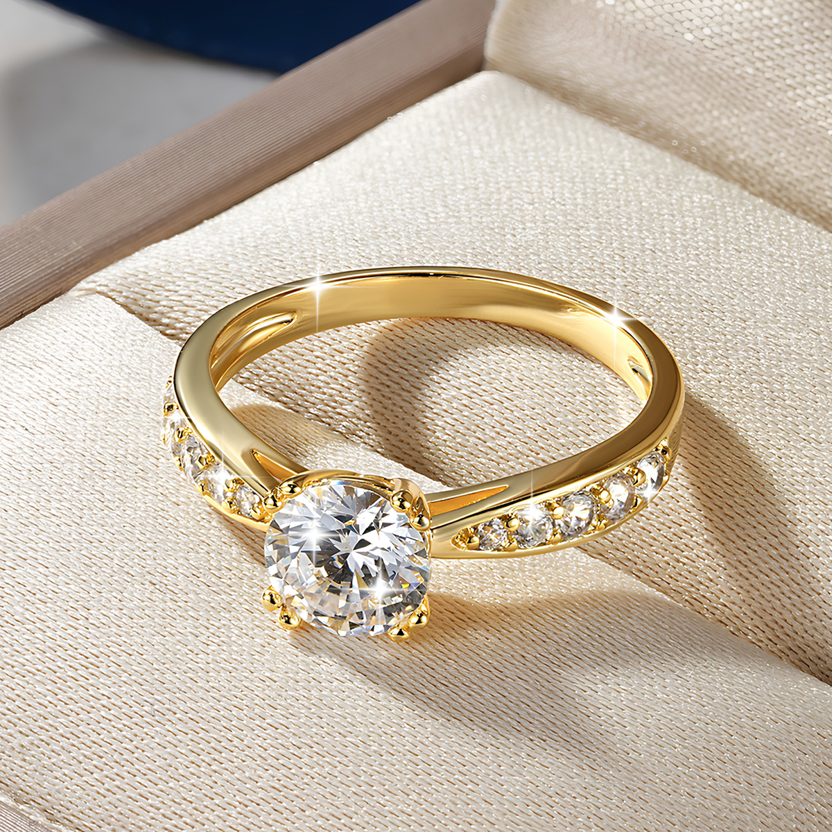 Moissanite Solitaire Ring with Side Stones, Gold Filled
