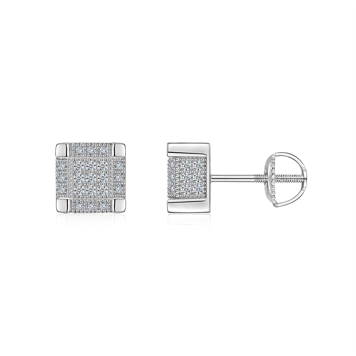 925 Sterling Silver Square Pavé Moissanite Stud Earrings (Approx. 8mm)