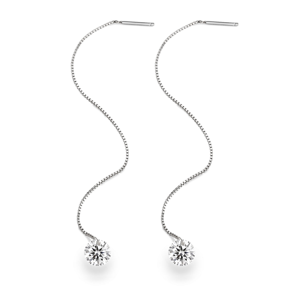 S925 Sterling Silver Moissanite Threader Earrings — Round Solitaire Drop Chain Pair