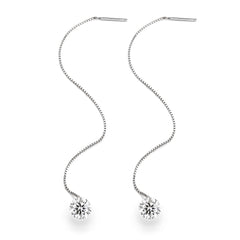 S925 Sterling Silver Moissanite Threader Earrings — Round Solitaire Drop Chain Pair