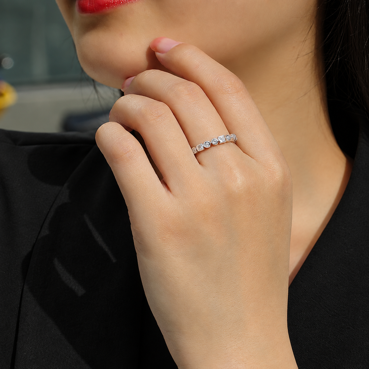 925 Sterling Silver Geometric Moissanite Band Ring (Round + Square Bezel Set) | Authentic Moissanite, Stackable Minimal Ring