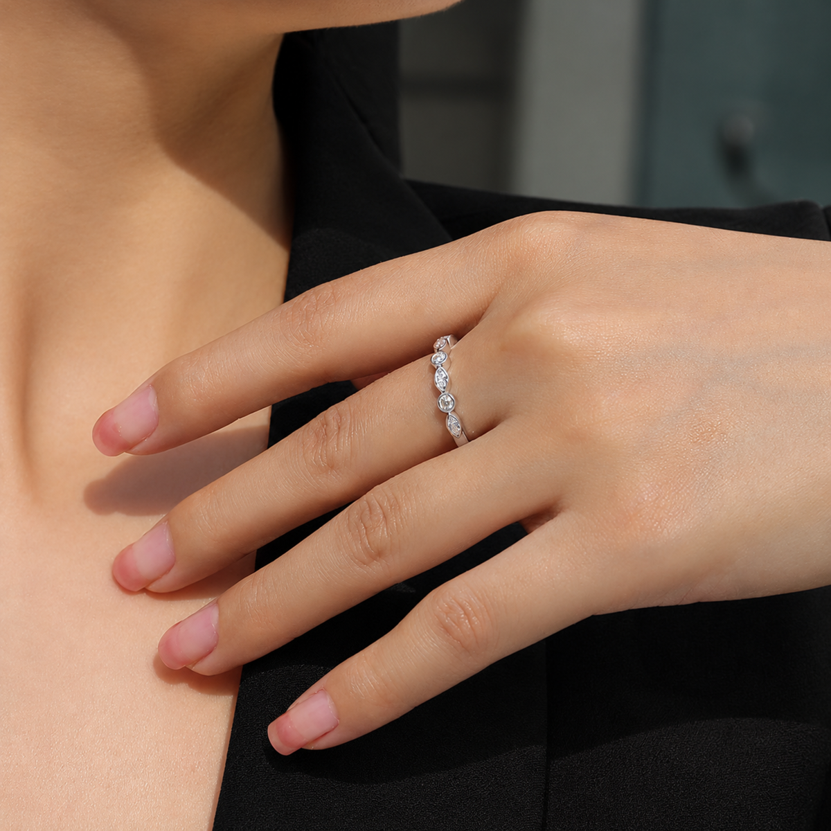 925 Sterling Silver Alternating Marquise & Round Moissanite Band Ring (Authentic Moissanite) + Certificate Included