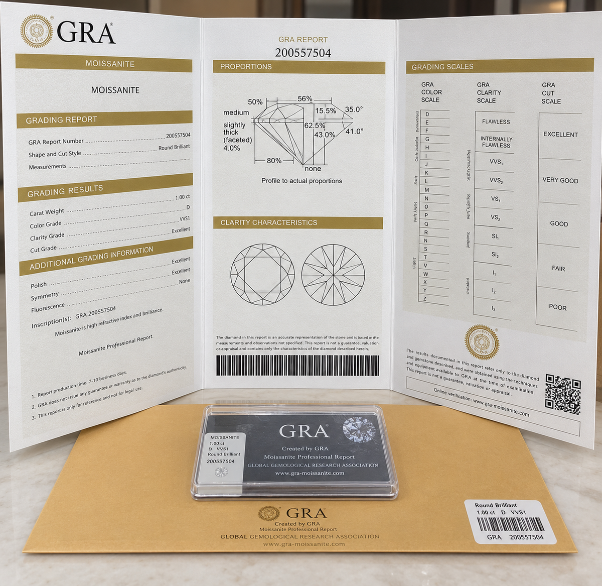 A GRA grading report booklet for a moissanite gemstone, displayed alongside its clear plastic protective case and a gold-colored envelope labeled with the GRA.