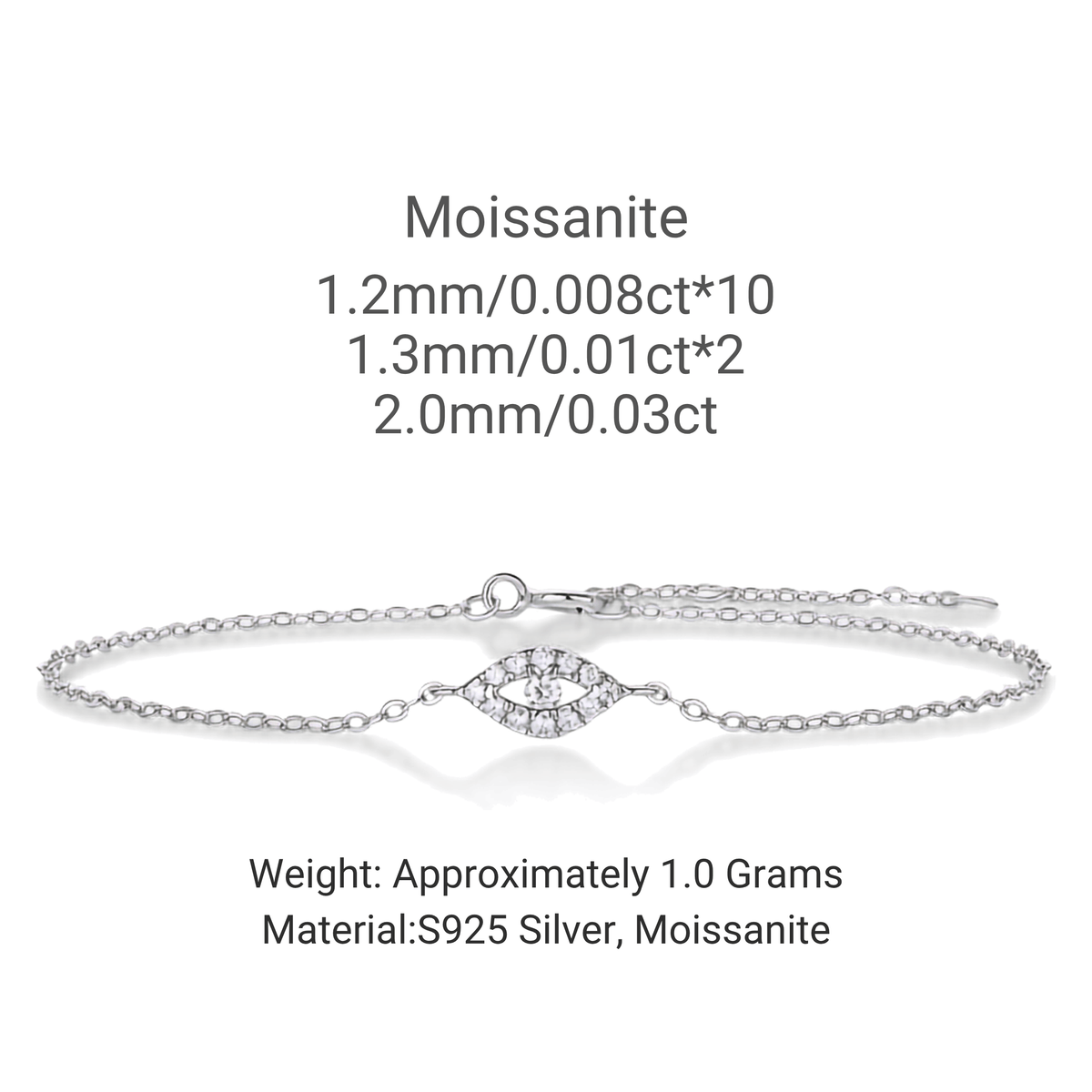 Silver chain bracelet with a central moissanite eye charm, shown on a white background with product specifications text above and below.