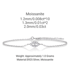 Silver chain bracelet with a central moissanite eye charm, shown on a white background with product specifications text above and below.