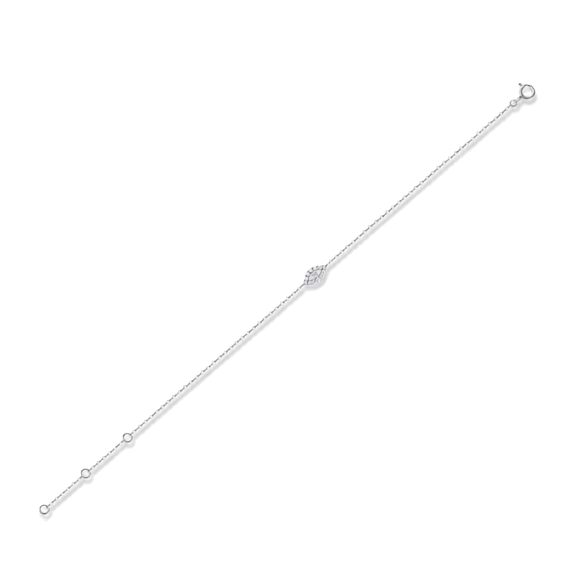 A delicate silver chain bracelet with a small central floral cluster and three small round beads along one side, shown on a plain white background.