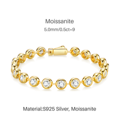 A gold-tone bracelet with round clear Moissanite stones, shown on a white background with text reading 'Moissanite' and 'Material:S925 Silver, Moissanite'.