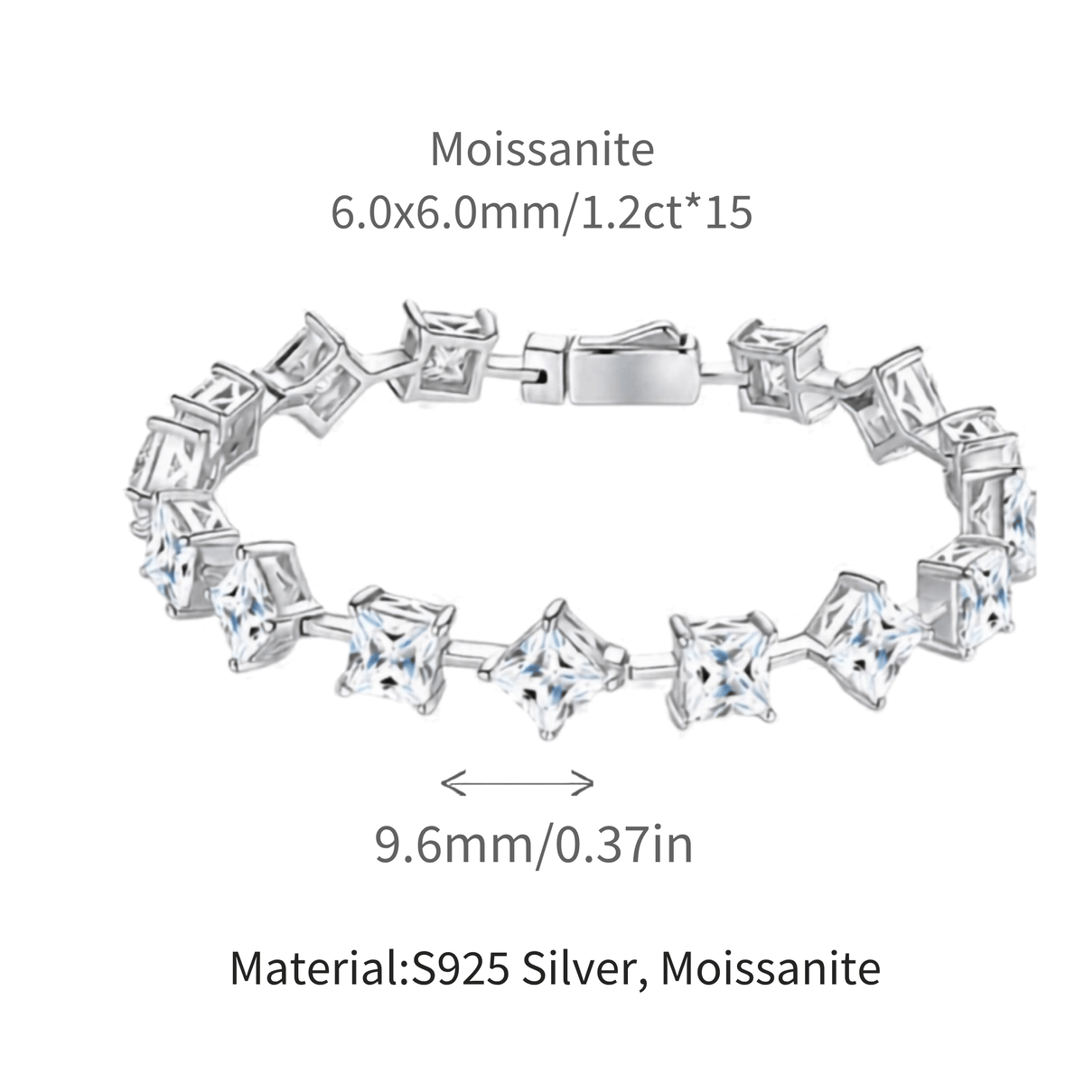 Silver-tone tennis bracelet with moissanite stones, shown with dimension labels and text specifying 6.0x6.