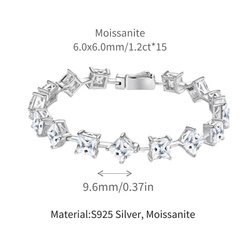 Silver-tone tennis bracelet with moissanite stones, shown with dimension labels and text specifying 6.0x6.