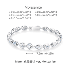 Silver bracelet with heart and diamond-shaped moissanite links, shown on a white background with size and material text details.