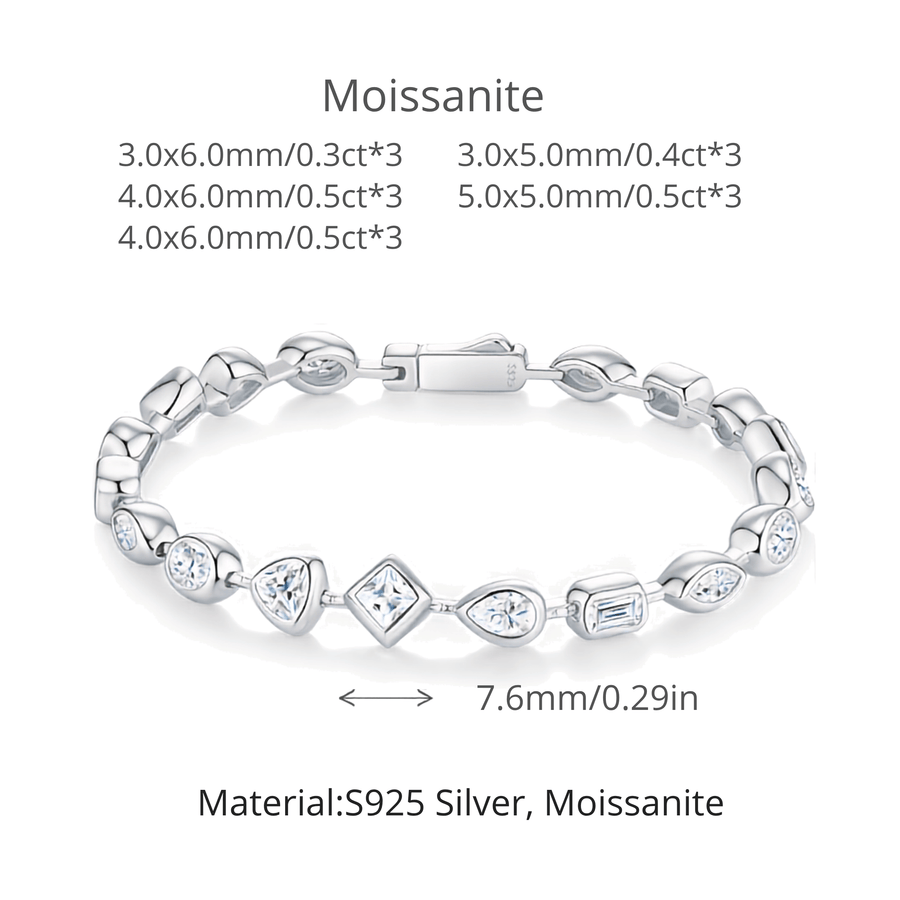 Silver bracelet with heart and diamond-shaped moissanite links, shown on a white background with size and material text details.